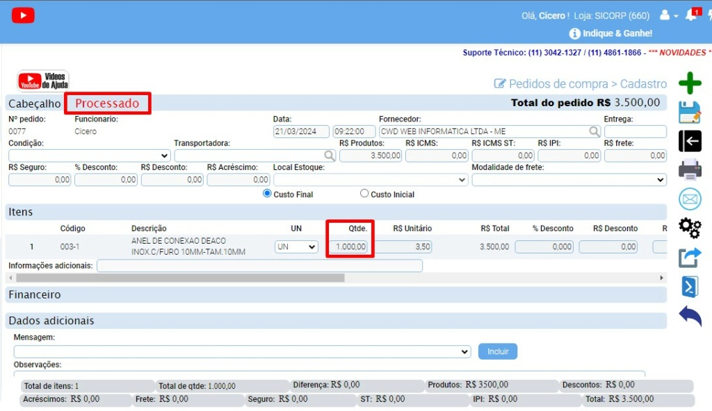 ATENDE SMART - Atualização 27/02/2024 - 23º Item - Implementada função que permitirá finalizar um Pedido de Compras com itens faltando quantidade Scree573