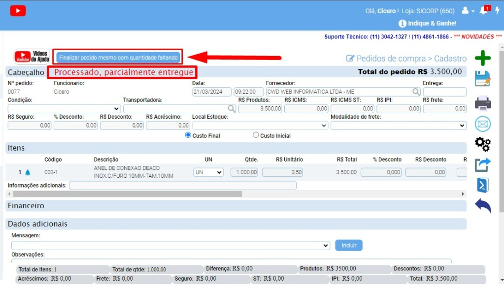 ATENDE SMART - Atualização 27/02/2024 - 23º Item - Implementada função que permitirá finalizar um Pedido de Compras com itens faltando quantidade Scree574