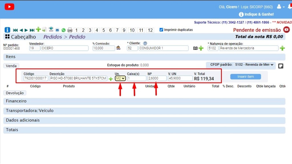 ATENDESMART: Cadastro para venda de caixa de piso, o que pode ser extrapolado para azulejo ou qualquer produto similar Scree599