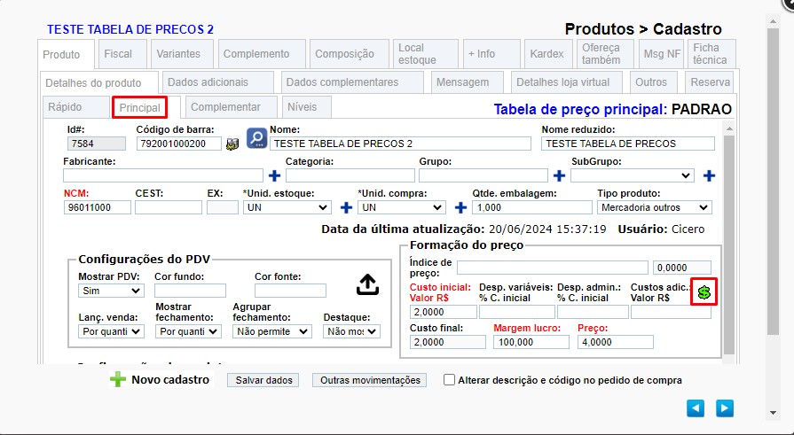 ATENDESMART: Preço de Custo individual por tabela de preço adicional Scree641