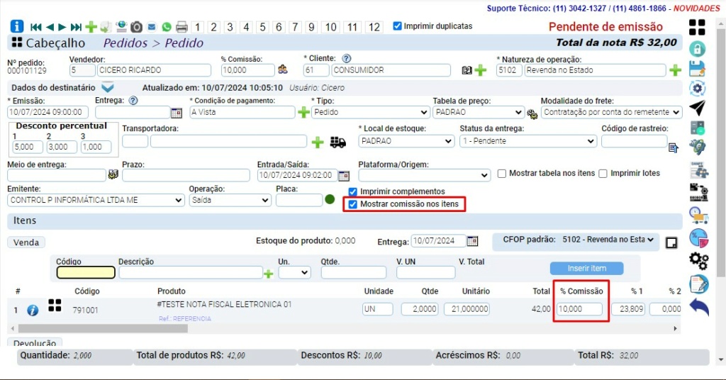 ATENDE SMART - RASCUNHO - 10º Item - Implementado um checkbox "Mostrar comissão nos itens" na telado PEDIDO/NOTA Scree664