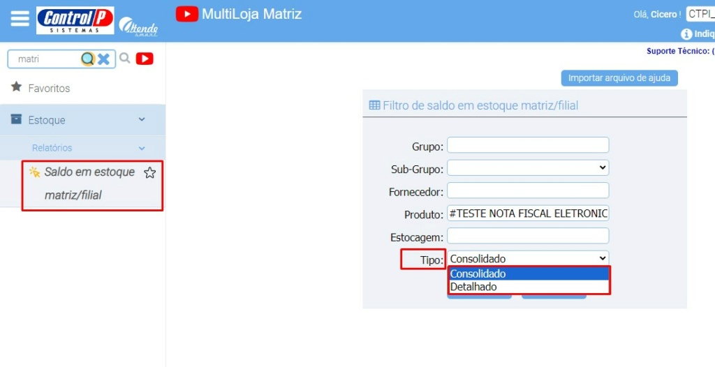 ATENDE SMART - RASCUNHO 14º Item - Novo relatório de estoque que consolida o saldo de estoque da matriz e suas filiais Scree679