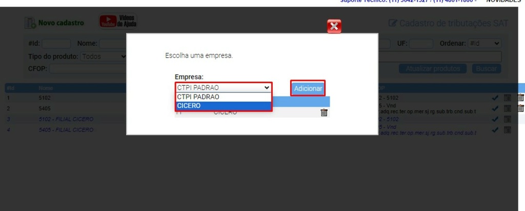 scree696 ATENDESMART: Metodo para cadastrar regras de TRIBUTAÇÃO SAT na matriz que são destinadas a filial