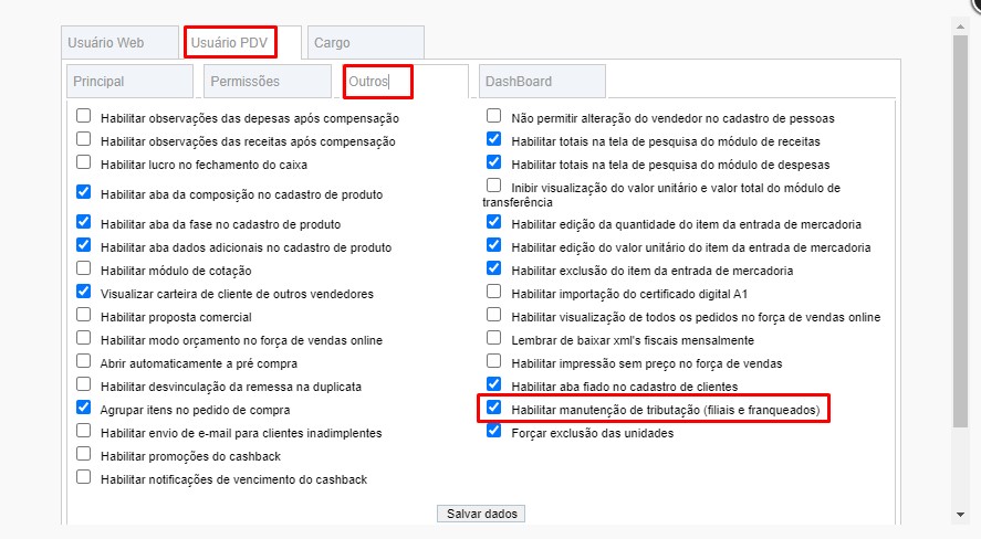 scree864 ATENDESMART: Implementado um novo Parâmetro de Usuário "Habilitar manutenção de tributação (filiais e franqueados)"