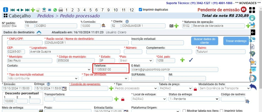 RASCUNHO: Implementado novo parâmetro 'Mostrar telefones do cliente na impressão do pedido/nota/serviço/orçamento" Scree866