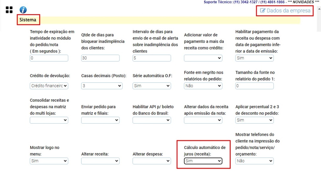 scree878 Atualização ATENDESMART - 28/11/2024 - 6º Item - Implementação de novo parâmetro do Dados da Empresa "Cálculo automático de juros (receita):"