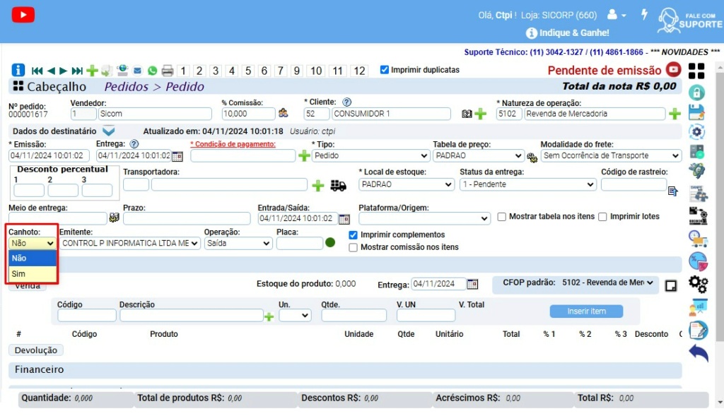 RASCUNHO: Implementação do campo CANHOTO proviniente do sistema SICOM Scree894