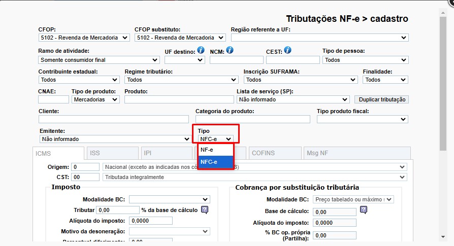 RASCUNHO: Implementado um novo campo no módulo de "TRIBUTAÇÕES", o campo "Tipo:" Scree895