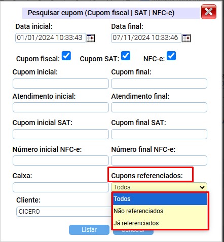 scree911 Atualização ATENDESMART - 28/11/2024 - 14º Item - Implementada uma melhoria na funcionalidade de vincular CUPONS DE VENDA