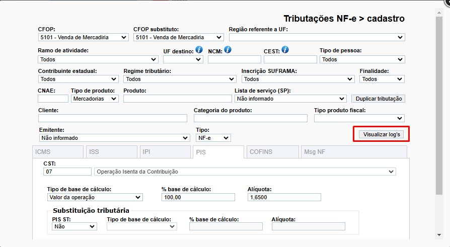 RASCUNHO:Implementado o LOG de Alteração de informações das Tributações NF-e Scree922
