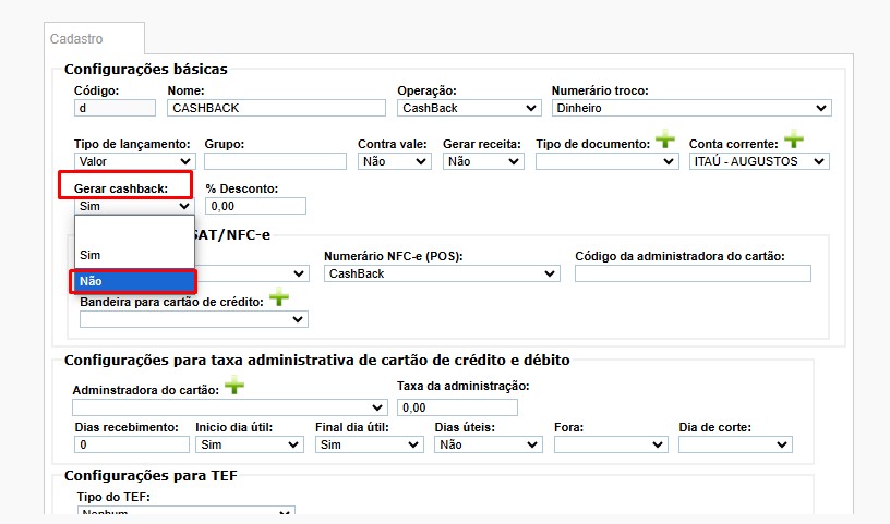 RASCUNHO: Implementado novo parâmetro de configuração no Cadastro de Numerários "Gerar cashback:" Scree924