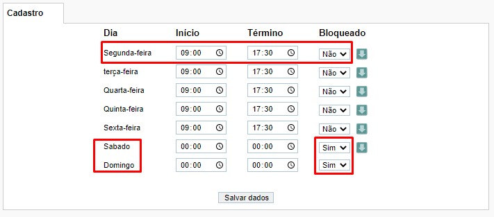 AtendeSmart: CADASTRO \ PESSOAS \ USUÁRIOS - Configuração de "Dias" e "Horários" de acesso ao ATENDE. Screen12
