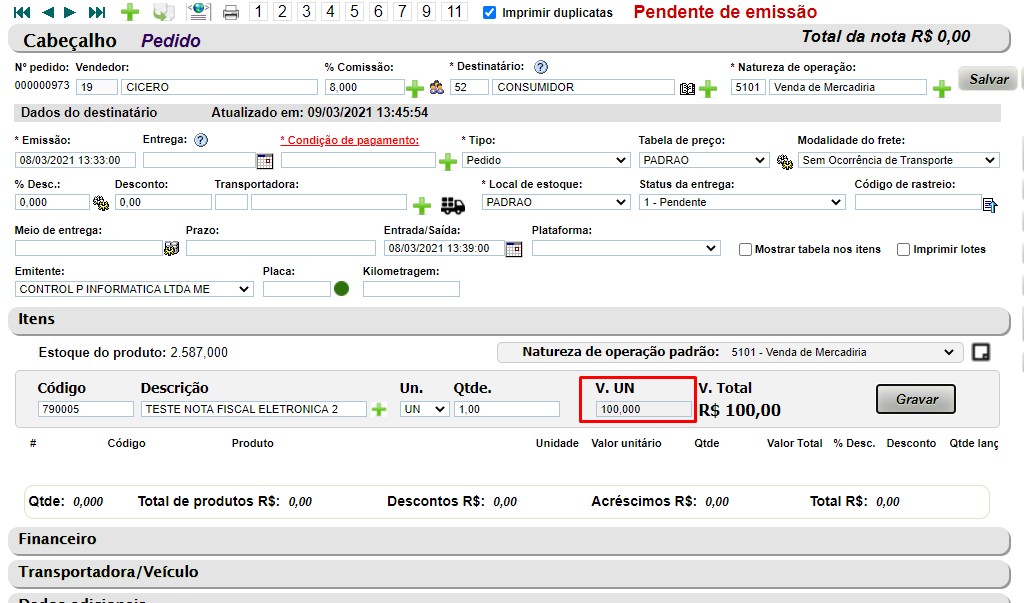 ATENDE SMART - Atualização 03/03/2021 - 10º Item – Implementação de controle sobre alteração de "Valor Unitário" no Pedido Screen92