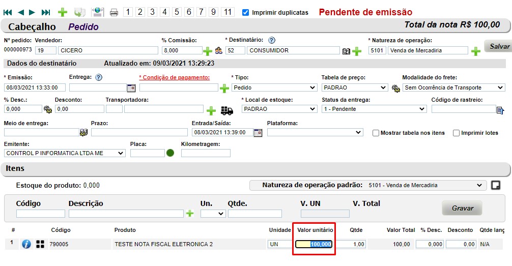 ATENDE SMART - Atualização 03/03/2021 - 10º Item – Implementação de controle sobre alteração de "Valor Unitário" no Pedido Screen93