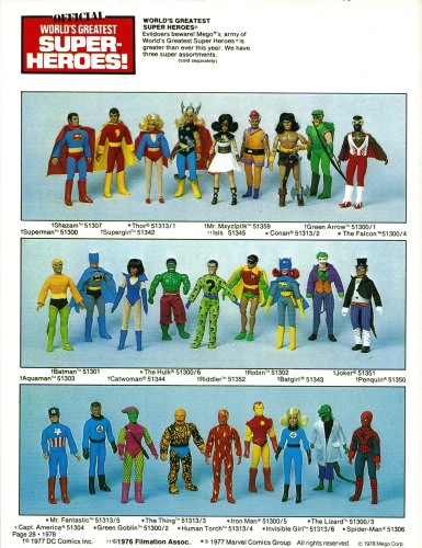 Fabuloso Catálogo Mego de figuras de superhéroes vintage 1972 a 1982 1972-814