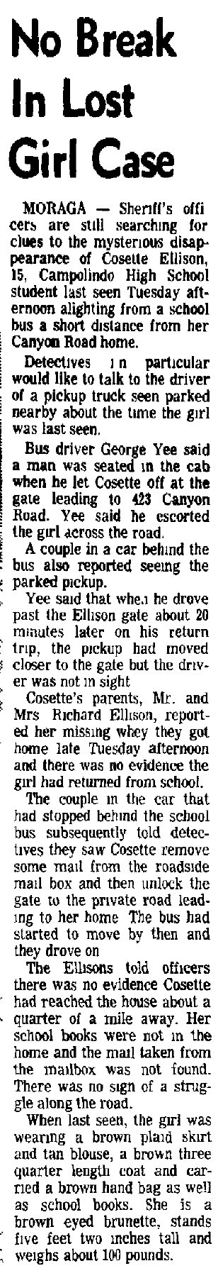 Cosette Ellison, last seen March 3, 1970; her body was found January 1, 1971 Ce110