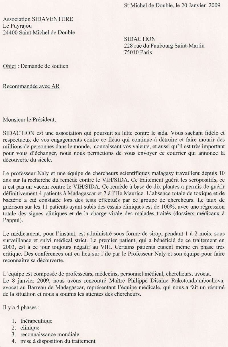 Copie du courrier envoyé à Mr Bergé président de Sidaction et à Mme Line Renaud vice présidente de Sidaction Sidact14