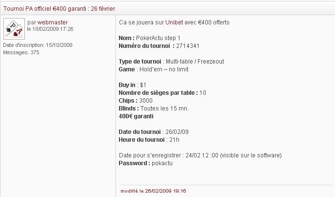Unibet - Tournoi Freezout PokerActu 400€ added Captur59