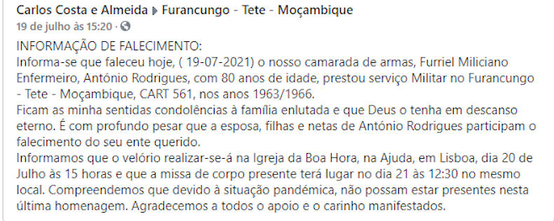 Faleceu o veterano António Rodrigues, Furriel Mil.º Enfermeiro, da CArt561/BArt562 - 19Jul2021 Info10