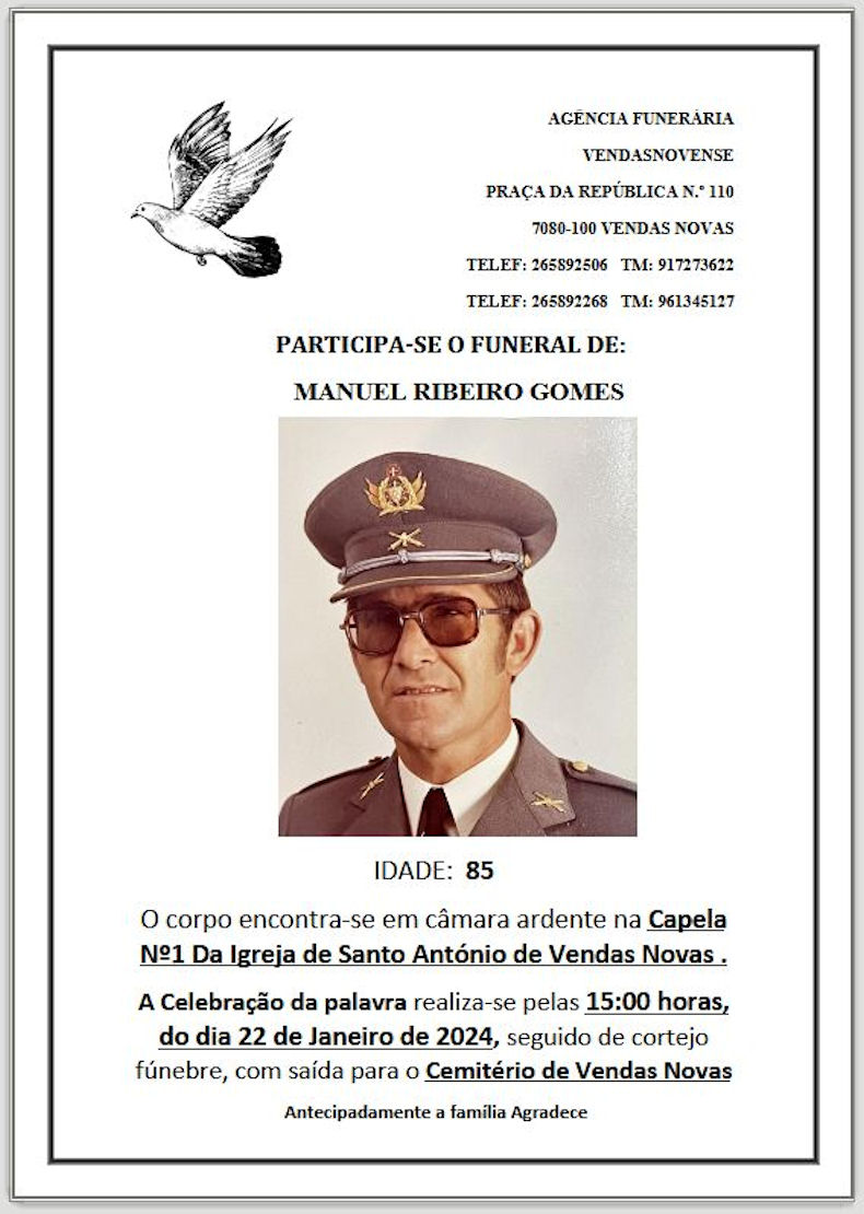 Faleceu o veterano Manuel Ribeiro Gomes, Capitão de Artilharia na situação de reforma - 21Jan2024 Nta_de10