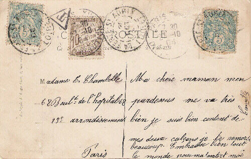 Adresse et texte au dos d'une carte voyagée en 1905 Recdiv10