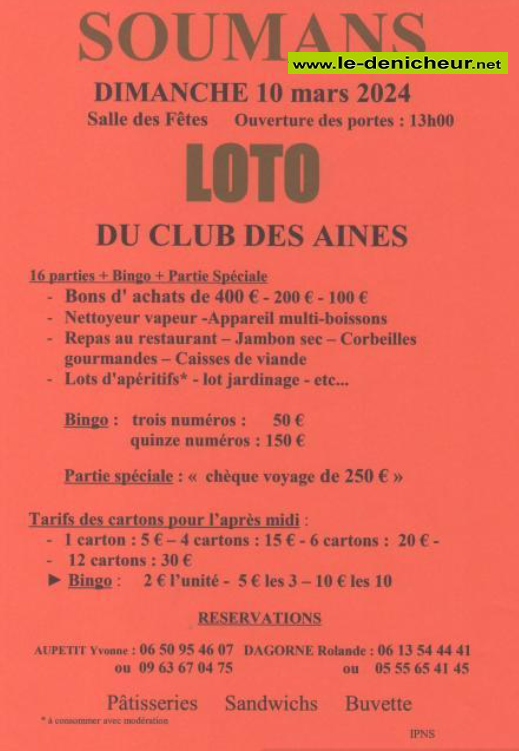 c10 - DIM 10 mars - SOUMANS - Loto du Club des Aînés _..° 00062
