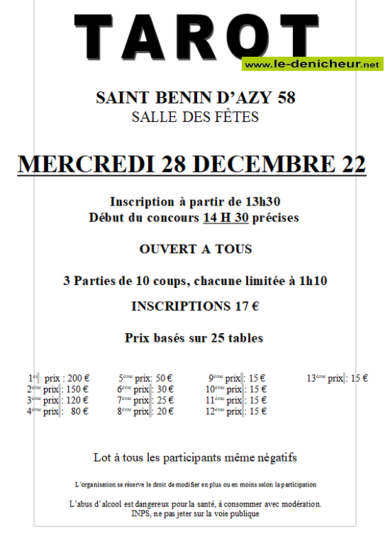 l28 - MER 28 décembre - ST-BENIN D'AZY - Concours de tarot */ 0013029