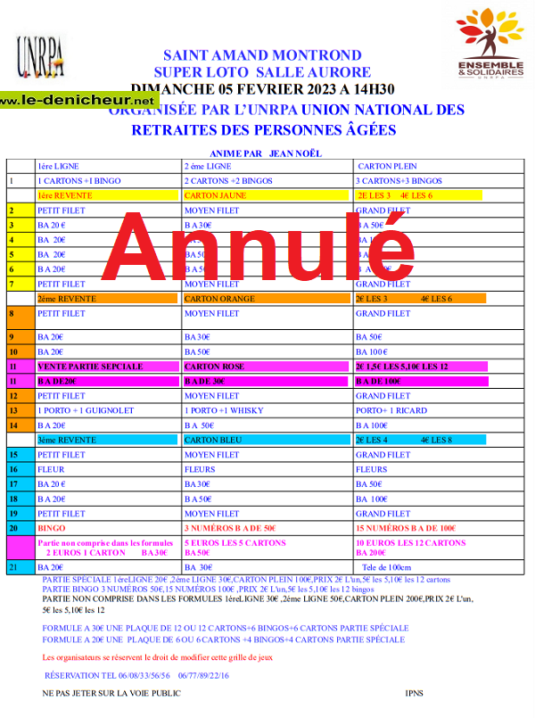 n05 - DIM 05 février - ST-AMAND-MONTROND - Loto de l'U.N.R.P.A. * * ANNULE * *  0013185