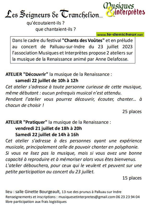 s21 - Les 21 et 22 juillet - PALLUAU /Indre - Ateliers de musique Renaissance  07-2211