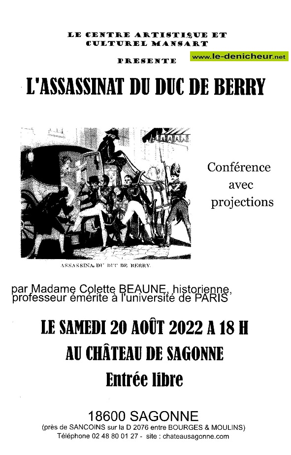 h20 - SAM 20 août - SAGONNE - Conférence: "l'Assassinat du Duc de Berry" 08-20_15