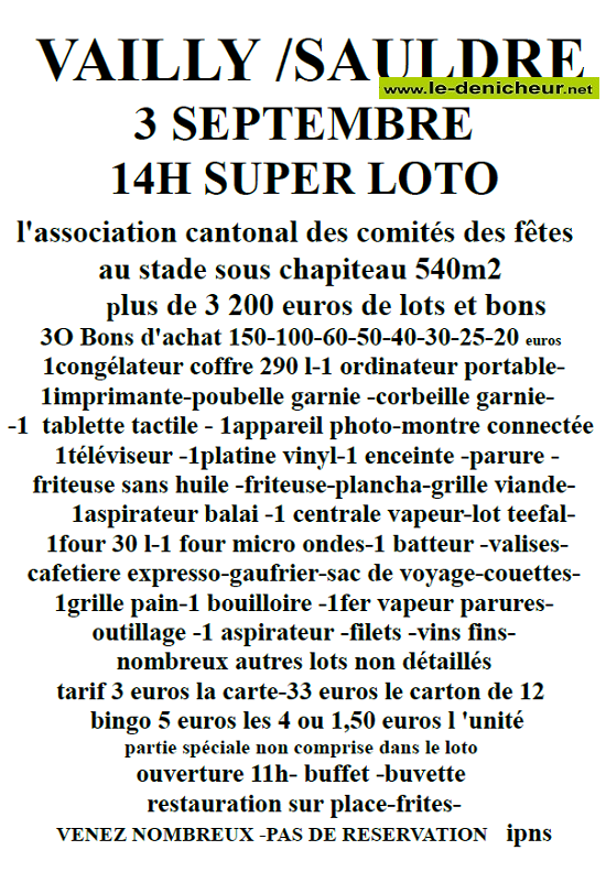 u03 - DIM 03 septembre - VAILLY /Sauldre - Loto de l'Association Cantonale des CdF * 09-03_19