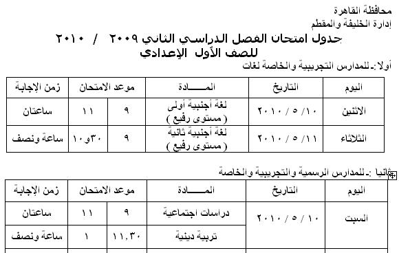 جدول امتحان الفصل الدراسي الثاني 2009   /2010  للصف الأول  الإعدادي 1o112