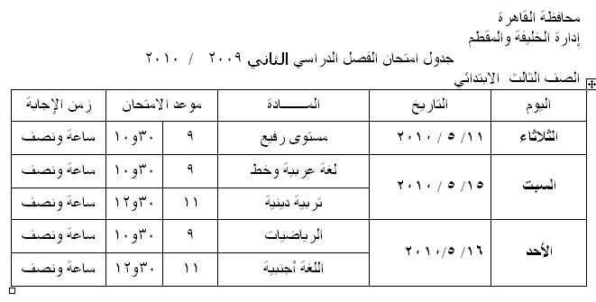 جدول امتحان الفصل الدراسي الثاني 2009   /2010  الصف الثالث  الابتدائي 3o10