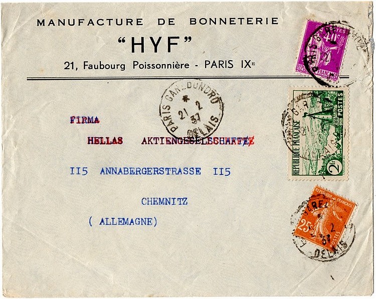 Lettres tarifs extérieur de 1937  Sans1136