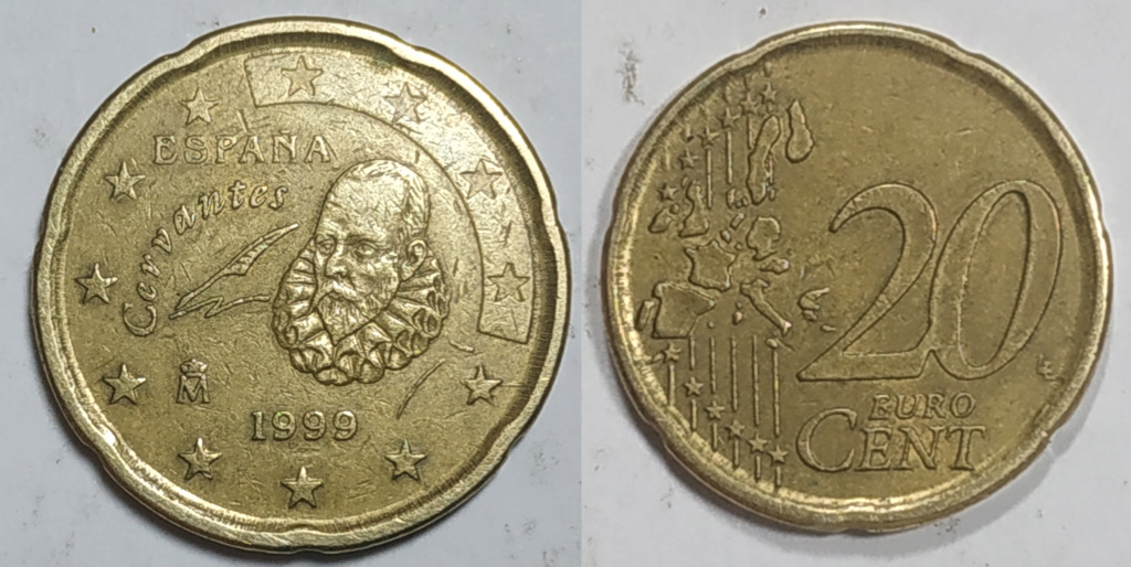 Moneda 20 Centimos de Euro 1999 Miguel de Crevantes. ERROR Ayb10