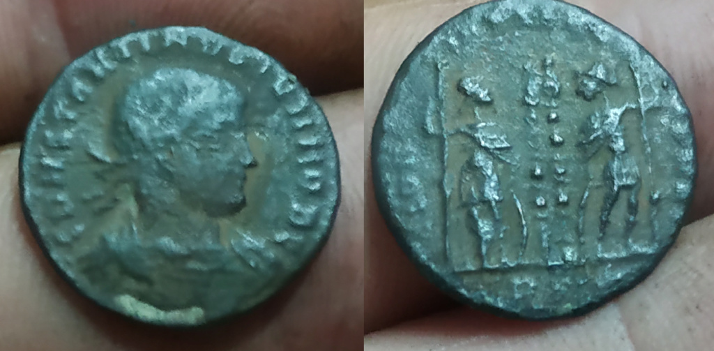 AE3 de Constantino II. GLORIA EXERCITVS. Soldados entre 2 estandartes. Roma Tyj10