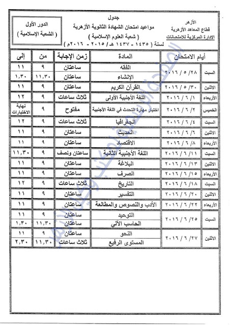 جدول امتحانات الشهادة الثانوية الأزهرية 2016  210