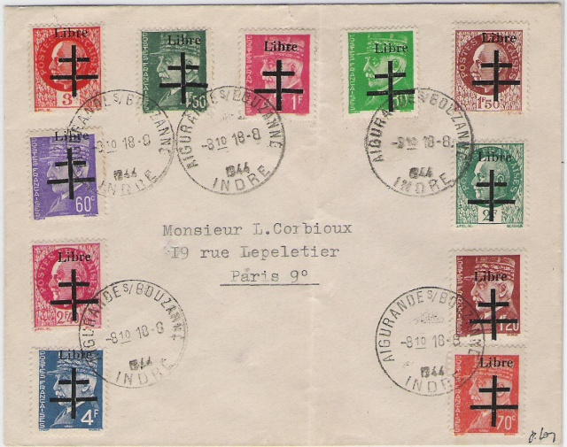 Timbres de la libération d'Aigurande (Oblitérations sur lettre). Aigura11