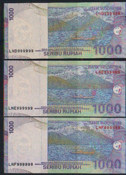 اندونيسيا - مميز - 000 1 روبية - # 999 999 - 3 قطع نفس الرقم Indone17