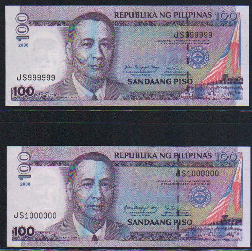 الفلبين - مميز - 100 بيسو - #  999 999 - 000 000 1 - 2 قطع متسلسل Pilipi13