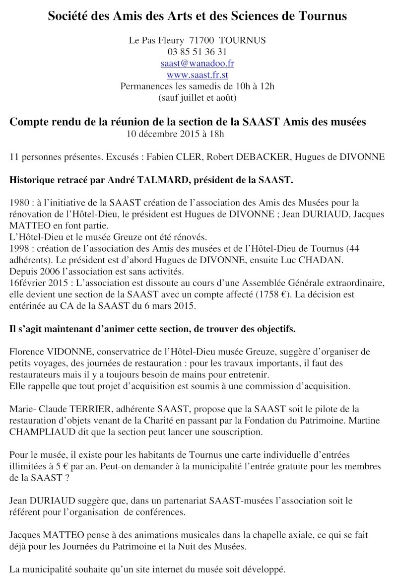 Compte rendu de la réunion de la section de la SAAST Amis des musées 10 décembre 2015 à 18h Amis_d10