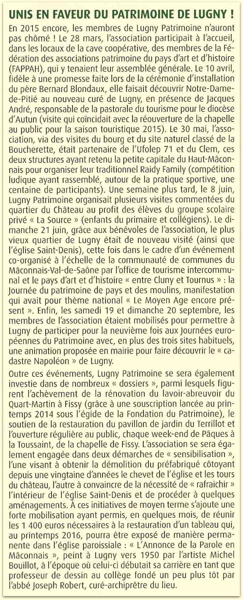 Lugny (71) : "Unis en faveur du patrimoine de Lugny !" (bulletin municipal 2015). Lugny_15