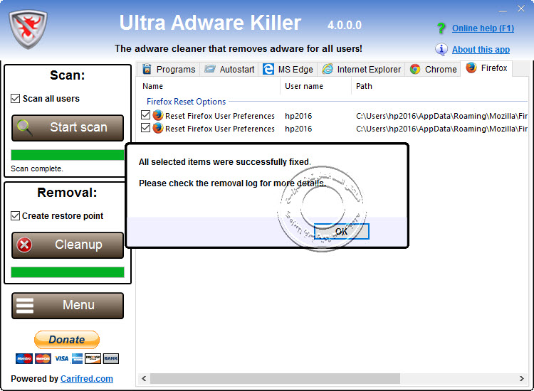 كيفية فحص الحاسوب و التخلص من جميع البرامج الإعلانية المزعجة بسهولة UltraAdwareKiller 1-13-210