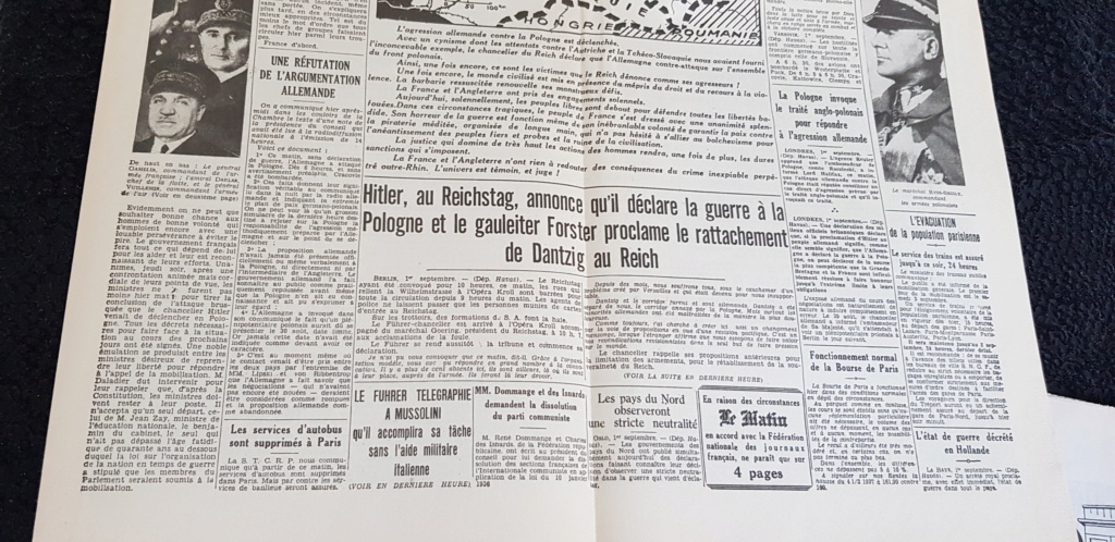 Journaux : Le matin du 2 septembre 1939 et Le parisien libéré du 22 aout 1944 20200123