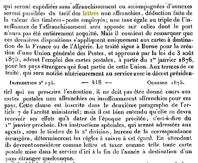 Carte précurseur pour l'étranger au départ d'un bureau de quartier de Paris entre le 1er janvier 1876 et le 28 mars 1876 I174no10