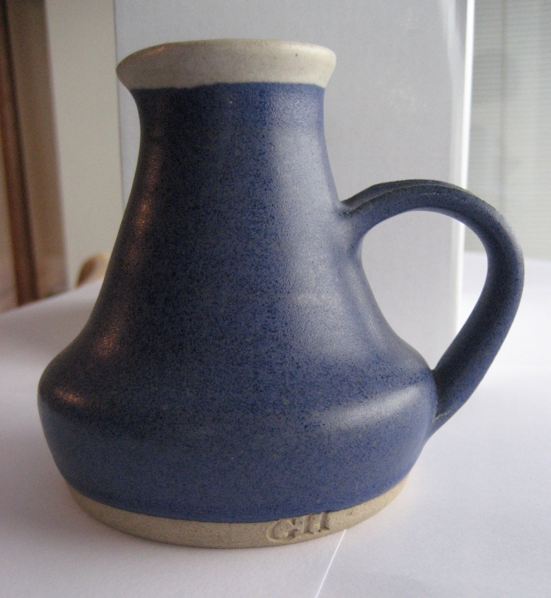 Small blue matt glaze cream jug stamped GH mark - maybe Gwen Horlick Img_1630