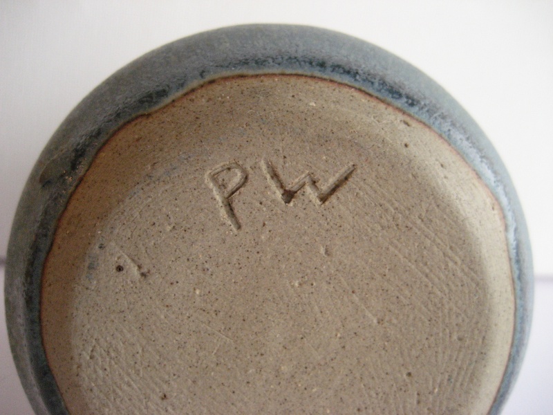 Stoneware Vase. Simple Design, marked LW Also Small Blue Pot marked PW Img_2212