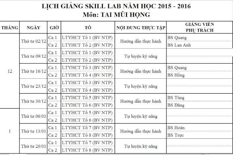 Lịch giảng SKILL LAB môn Tai mũi họng Lichgi10