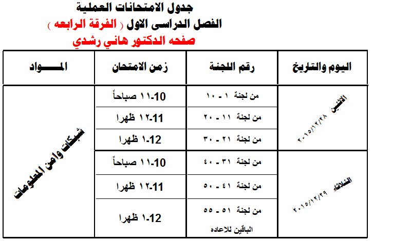 جدول امتحانات العملي للفرقة الرابعة 12359910