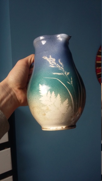 Signed 1990s jug with leaf design, Holsville? Czech? Irish?  20190310